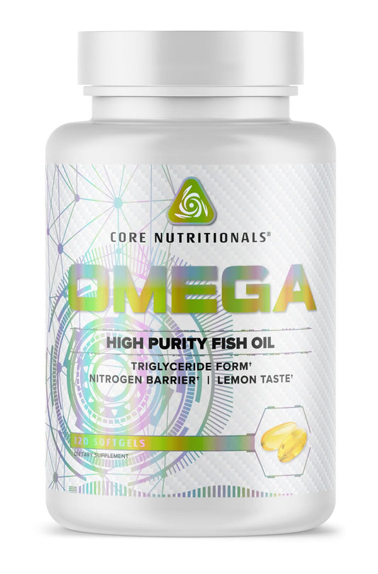 Core Nutritionals Omega High Purity Fish Oil bottle for daily omega-3 support.