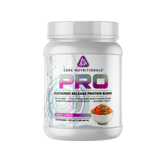 Core Nutritionals Pro Sustained Release Fruity Cereal bottle showcases flavor and complete amino profile.