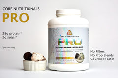 Core Nutritionals Pro sustained-release whey bottle pour demonstrates long-lasting protein delivery after workouts