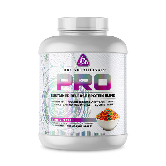 Core Nutritionals Pro Sustained Release Whey powder scoop supports steady post-workout recovery with Fruity Cereal flavor.