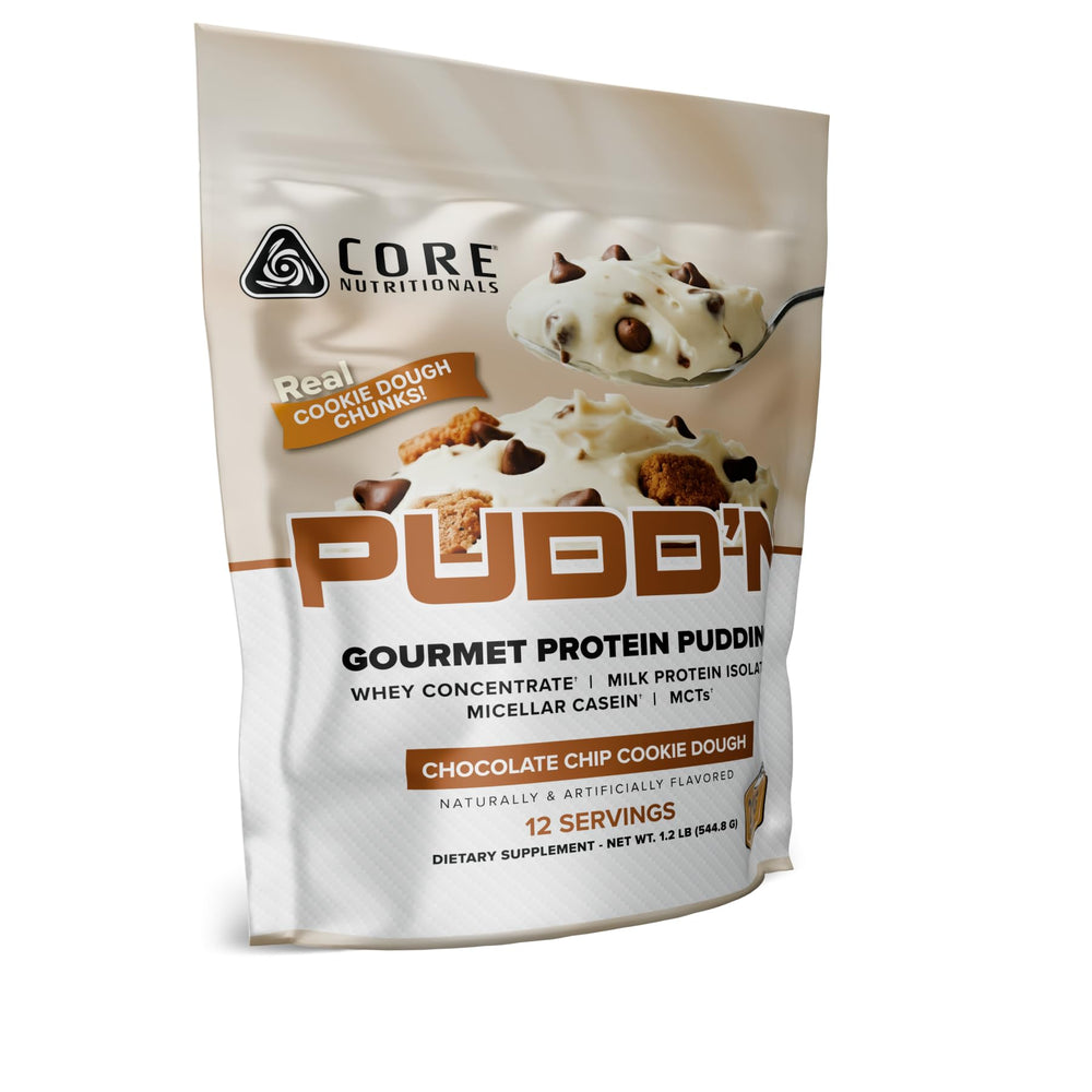 Core Nutritionals Pudd'n cookie dough pudding with spoon, thick texture for satisfying snack moments.