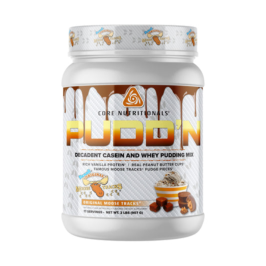 Core Nutritionals Pudd'n Original Moose Tracks pour shows creamy, protein-rich texture.