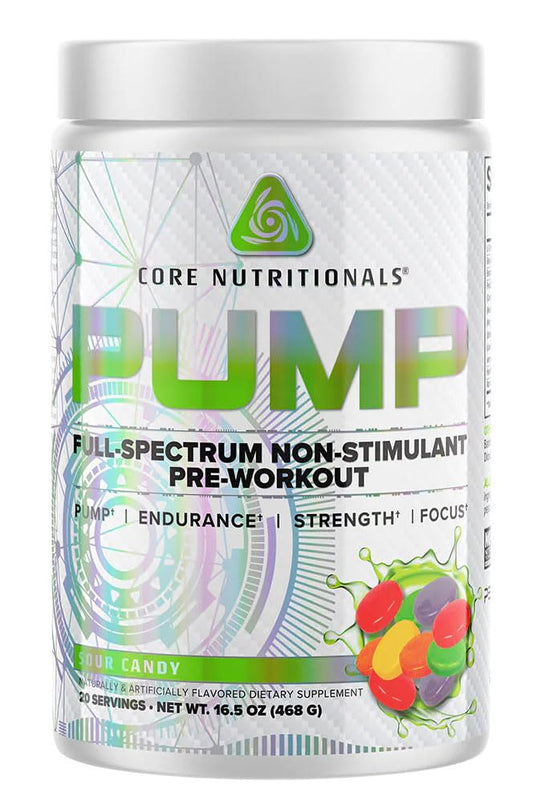 Core Nutritionals Pump bottle front showing non-stimulant pre-workout formula for clean focus.