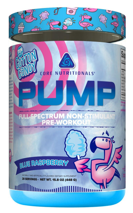 Core Nutritionals Pump full-spectrum bottle closeup showing non-stimulant formula details.