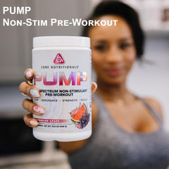 Core Nutritionals Pump label closeup with flavor options and serving details.