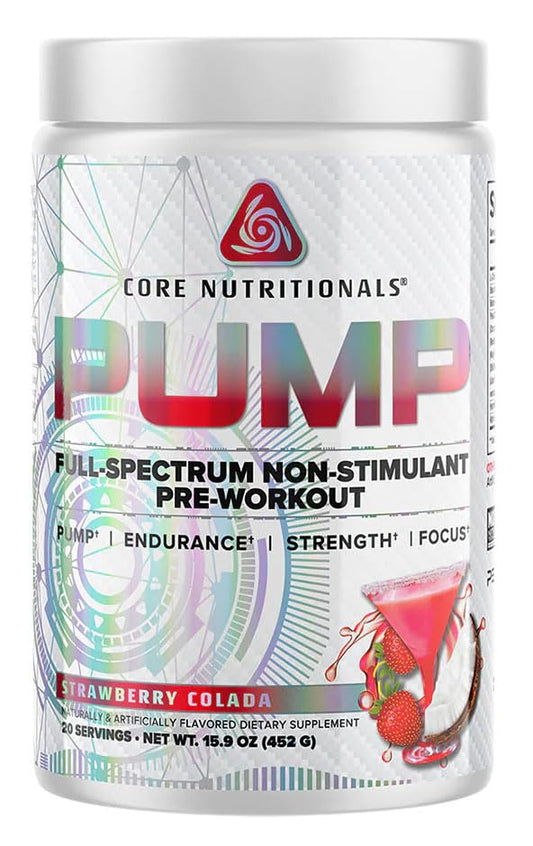 Core Nutritionals Pump bottle shows strawberry colada flavor for smooth training hydration.