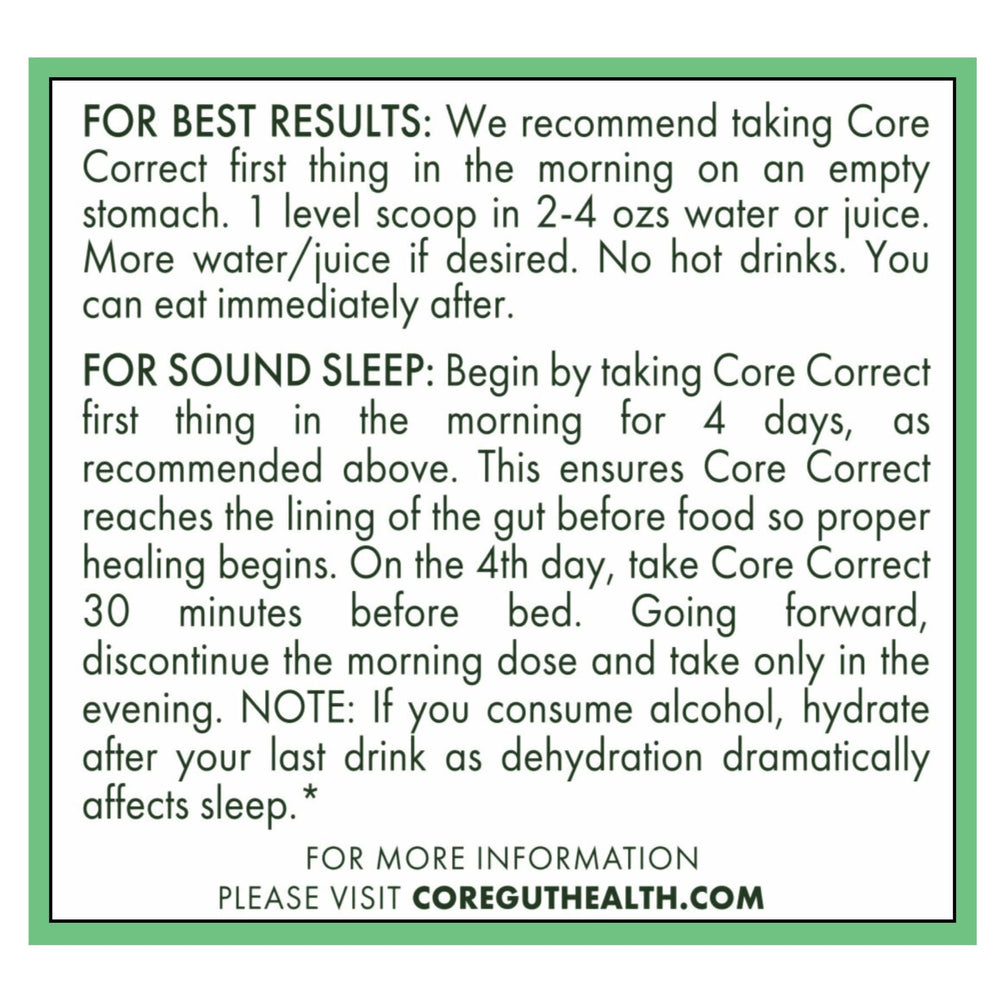 Core Origins Core Correct ingredients label highlighting the key glutamine ingredient.