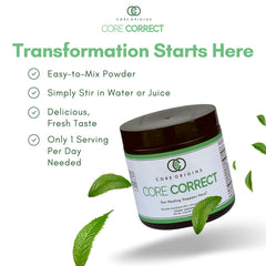 Core Origins powder dissolving in water illustrating easy integration into beverages.