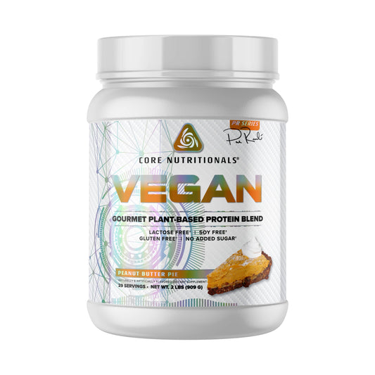 Core Nutritionals Core VEGAN Peanut Butter Pie packaging highlights flavor and protein boost.