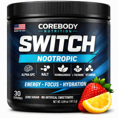 CoreBody Switch bottle front label highlights a clean, focused energy blend for quick cognitive boosts.