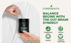 COREHEALTH Gut-Brain Synergy label illustrating calm focus and digestive comfort on the go.