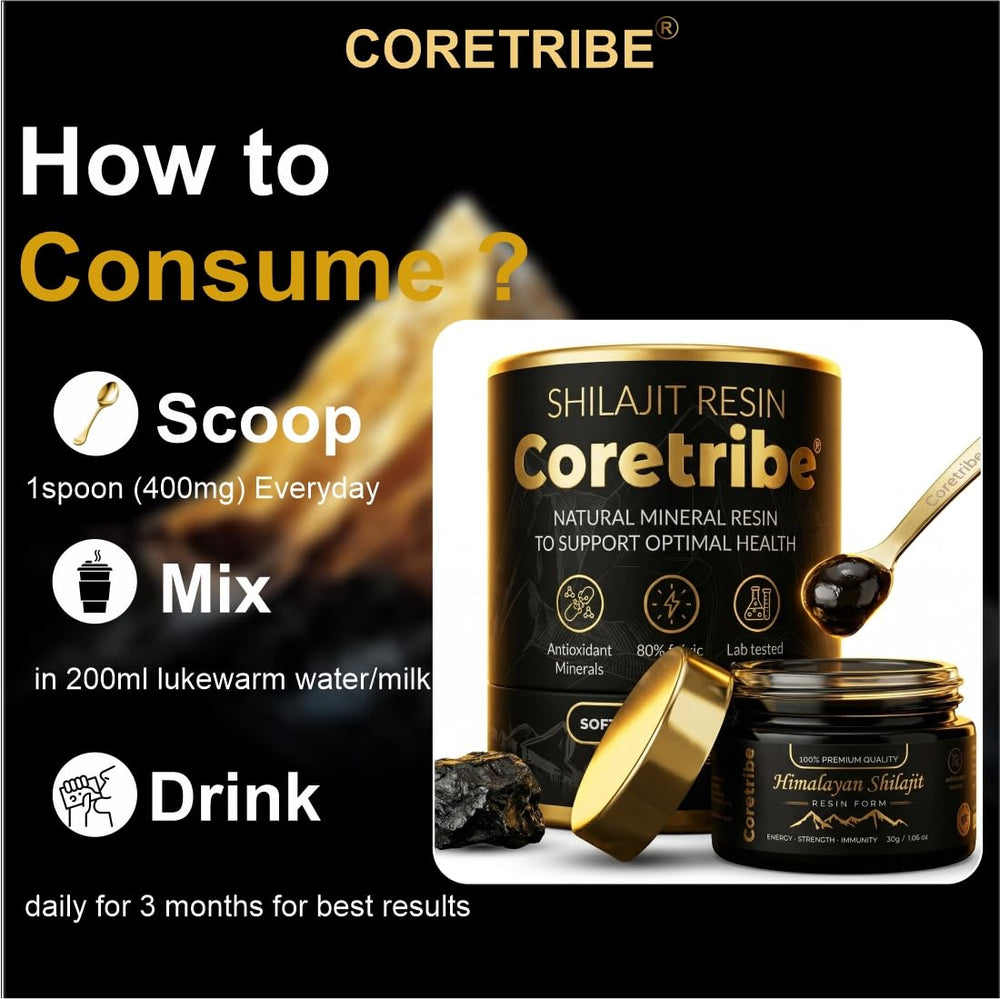 Coretribe Royal Shilajit Resin dissolving in warm water for convenient consumption.
