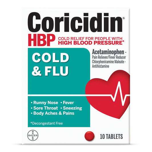 Coricidin HBP bottle front view highlighting high BP-friendly cold relief.