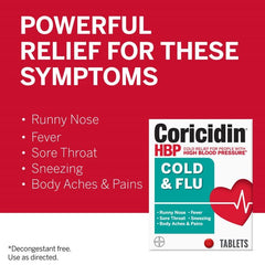 Coricidin HBP tablets inside bottle illustrating the tablet form.