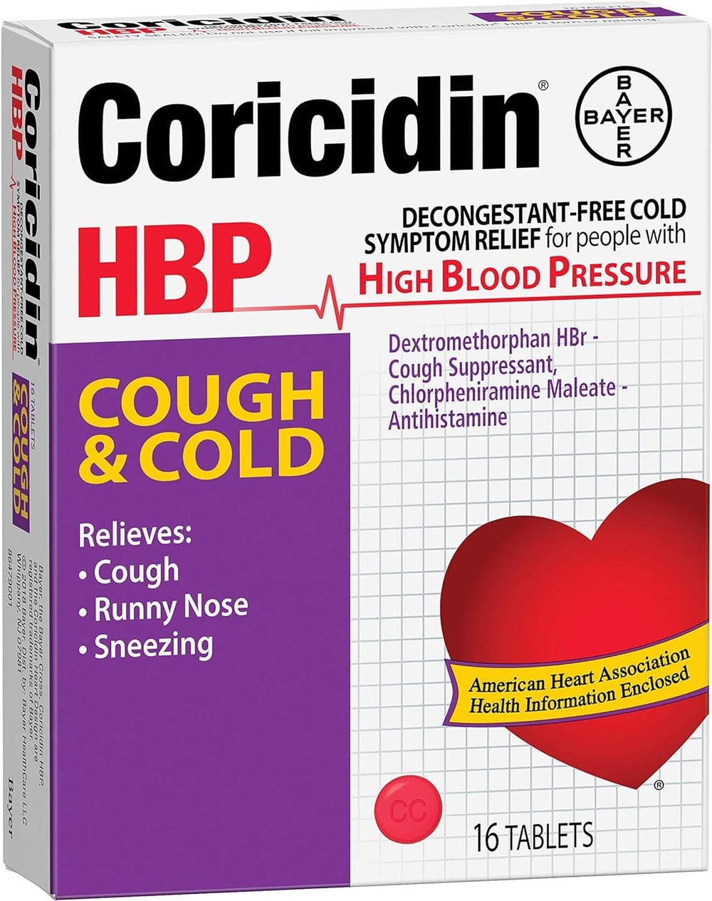 Coricidin HBP label back notes hypertension safety considerations for careful use.