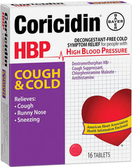 Coricidin HBP label back notes hypertension safety considerations for careful use.