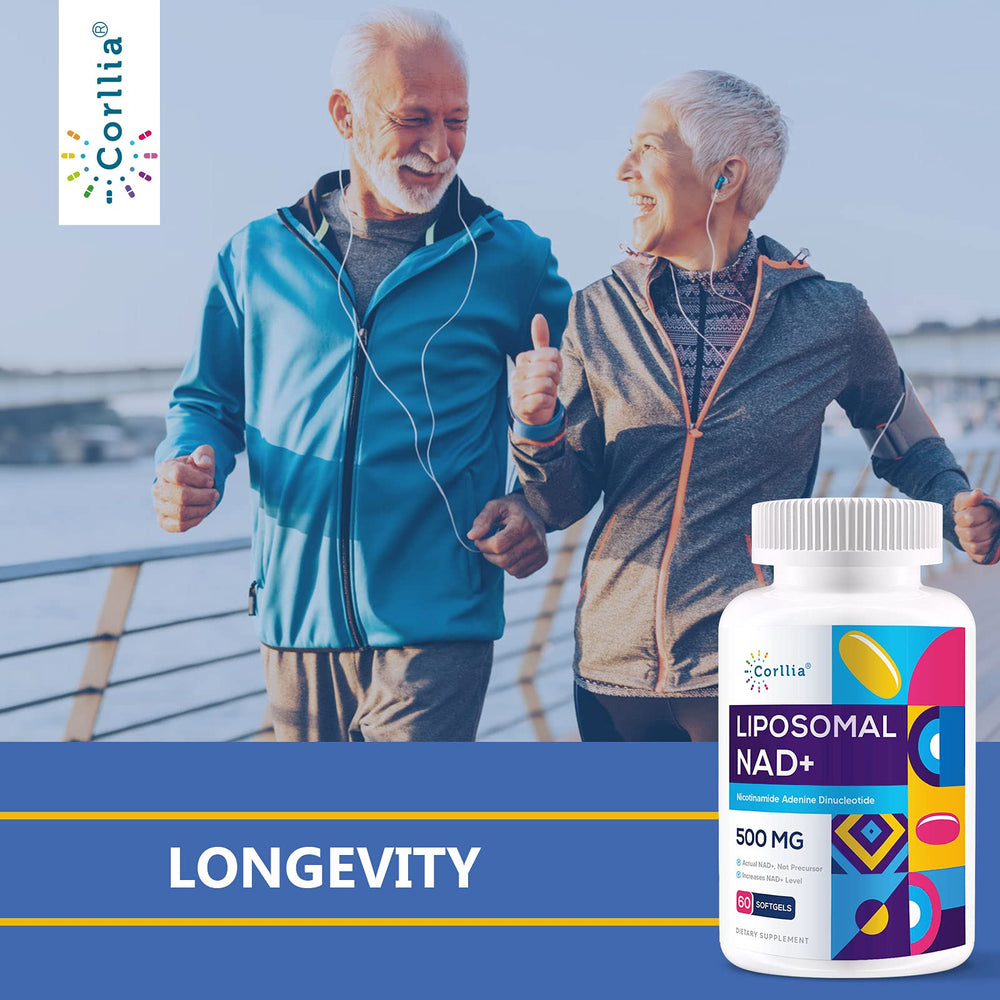 Ingredients list on Corllia Liposomal NAD+ 500mg packaging shows liposomal NAD+ and TMG.