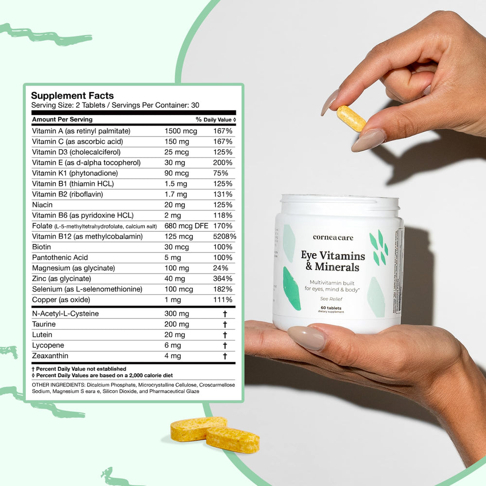 CorneaCare bottle with water demonstrates easy daily intake with meals.