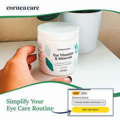 CorneaCare label closeup reveals ingredients and certifications from trusted bodies.