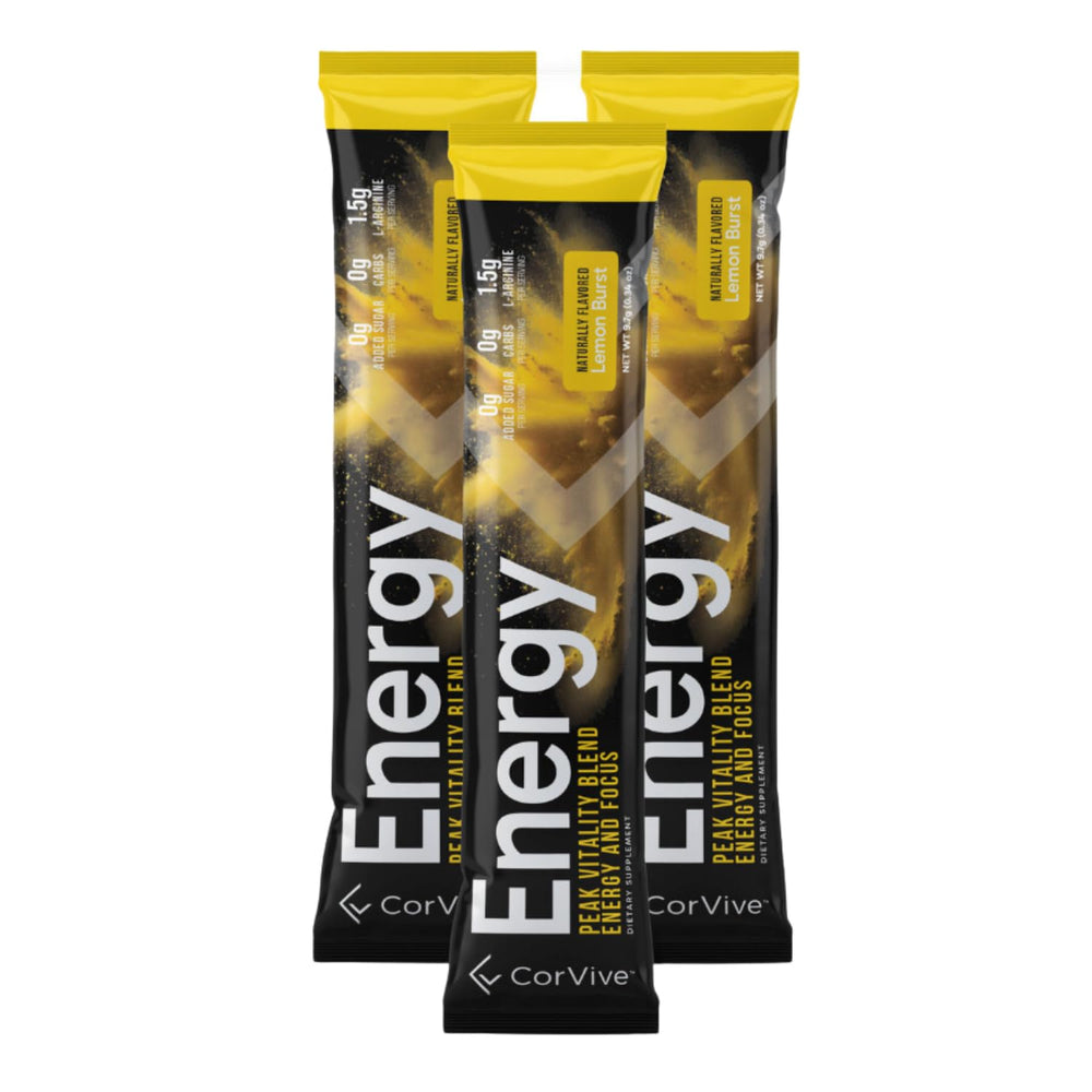CorVive Energy lemon stick pack close-up shows zero sugar label.