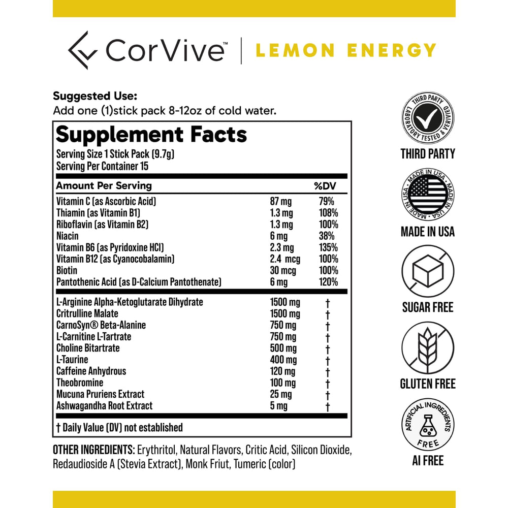 CorVive Energy lemon stick being poured into a glass.