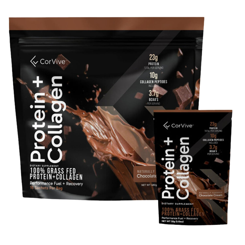 CorVive Protein Collagen Powder tub front highlighting 23g protein for muscle support.