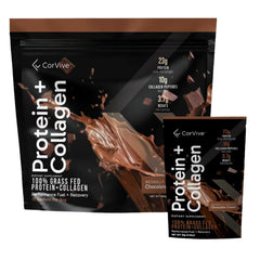 CorVive Protein Collagen Powder tub front highlighting 23g protein for muscle support.