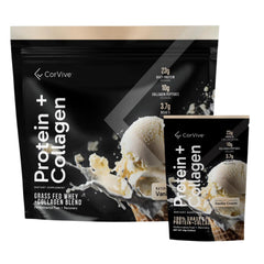 CorVive Protein and Collagen vanilla tub showing 23g protein blend for muscle support
