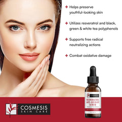 Cosmesis Resveratrol Serum ingredients tea polyphenols highlighted for antioxidant support.