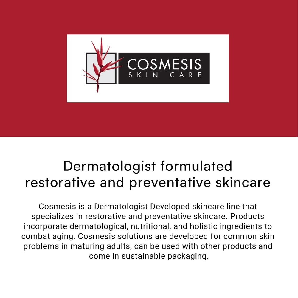 Cosmesis Resveratrol Serum label closeup highlights product name and antioxidant formula.