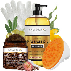 Cosmetasa anti cellulite massage oil bottle for at-home spa use.
