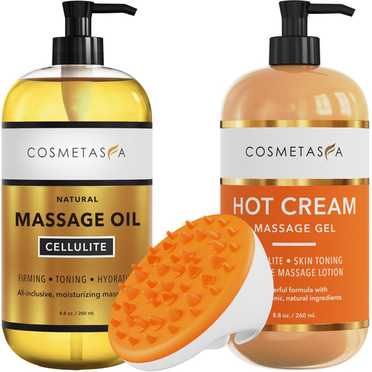 Cosmetasa hot-cream massage gel bottle illustrating warming sensation and cellulite care potential