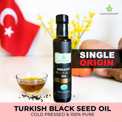 Cosmic Element label confirms organic Turkish origin and vegan black seed oil