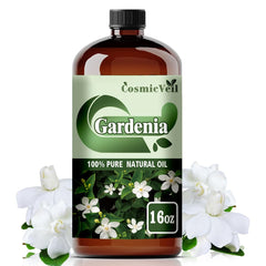 CosmicVeil Gardenia essential oil bottle close-up for floral diffusion.