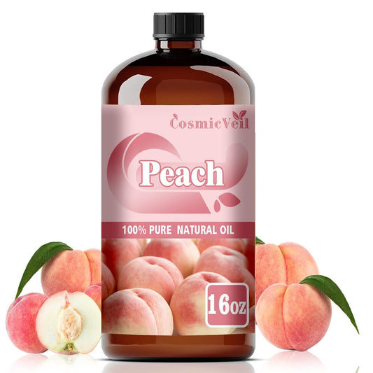 CosmicVeil Peach fragrance oil bottle close-up in amber glass preserving purity.