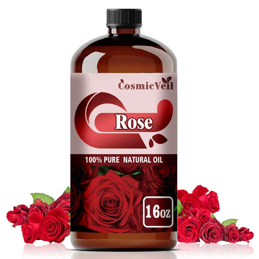 CosmicVeil Rose essential oil bottle with dropper for precise, mess-free application