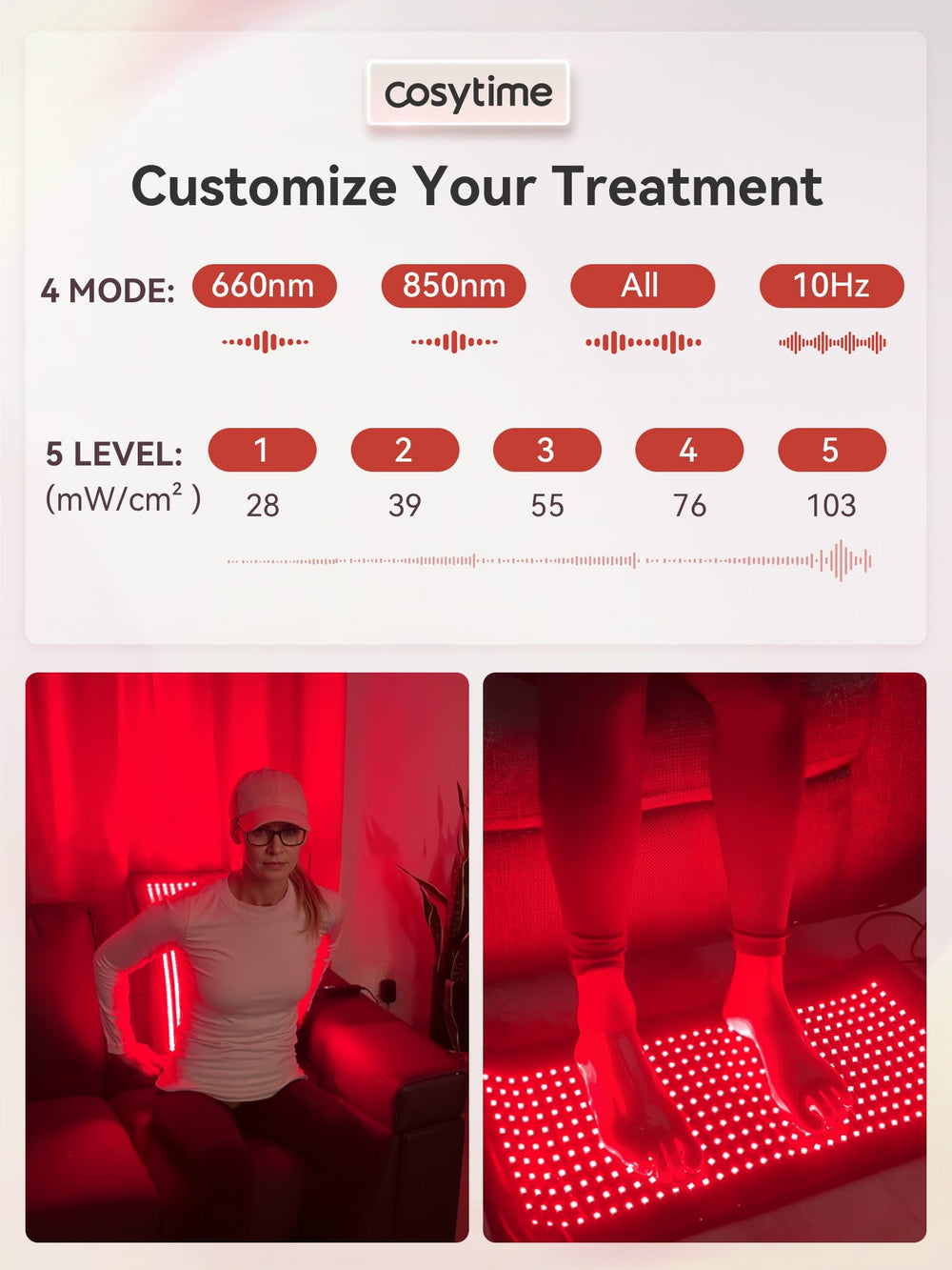 Cosytime red light therapy mat legs provides broad coverage for relaxation after activity.