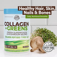 Country Farms Collagen + Greens bottle beside glass suggests convenient daily use.