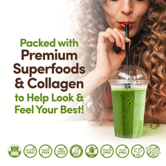 Country Farms Collagen + Greens ingredients display featuring 23 organic superfoods.
