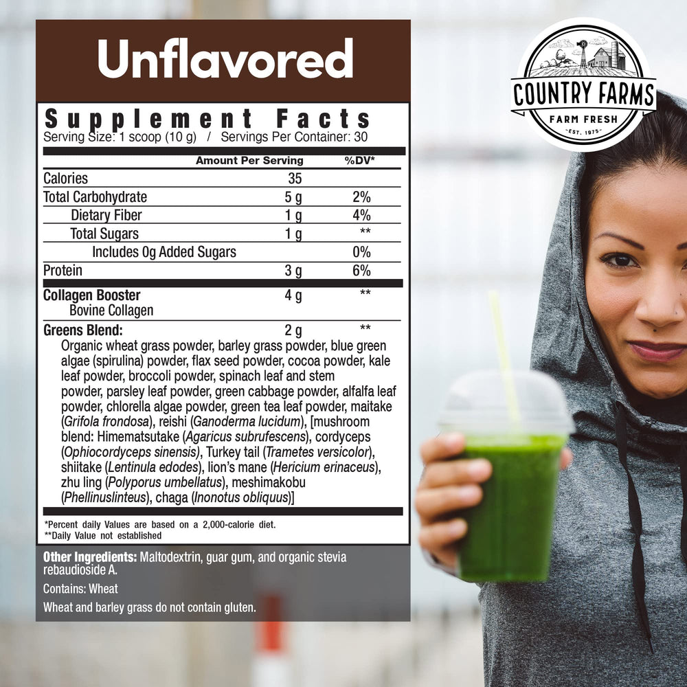 Country Farms Collagen + Greens scoop dispensing powder for easy shakes.