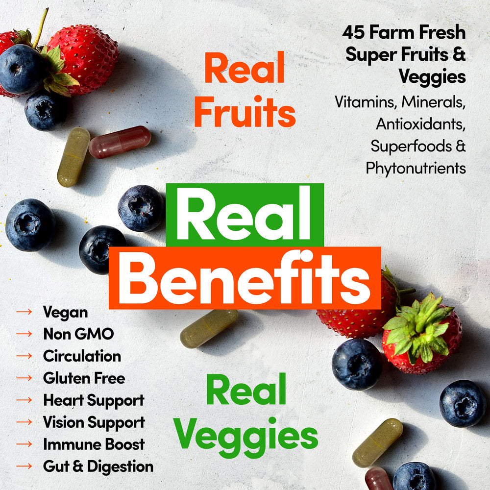 Country Farms 22 fruits label image emphasizes diverse nutrients and natural antioxidants