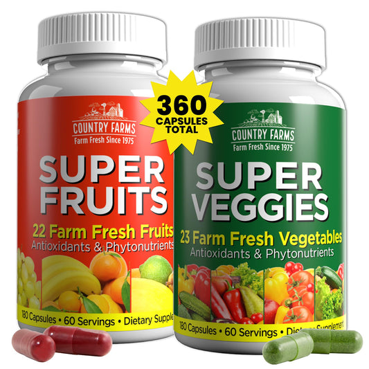 Country Farms Fruits and Veggies bottle pour illustrates convenient two-capsule servings for daily nutrition