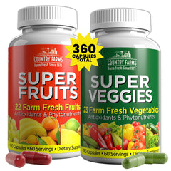 Country Farms Fruits and Veggies bottle pour illustrates convenient two-capsule servings for daily nutrition