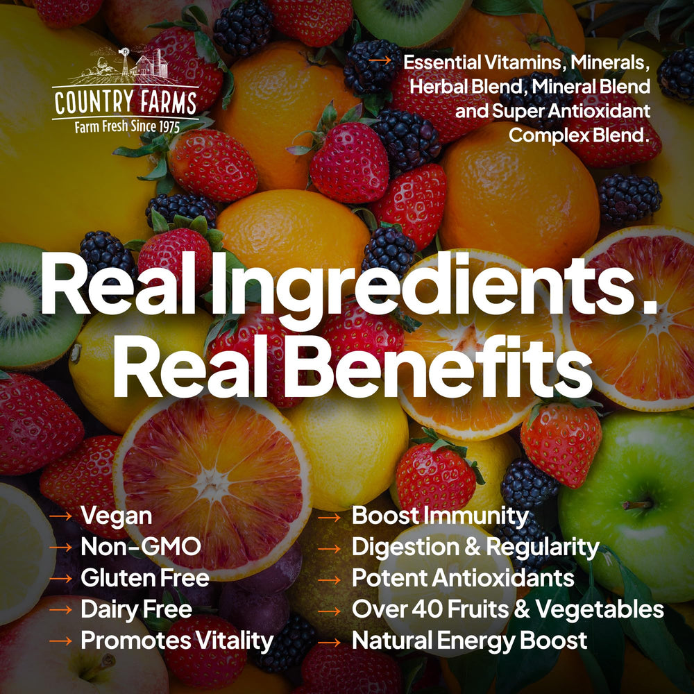 Country Farms Tropical Fruit Flavor liquid multivitamin highlights vegan, gluten-free daily nutrition.