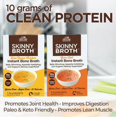 Country Farms Skinny Broth label highlighting 10g protein per serving.