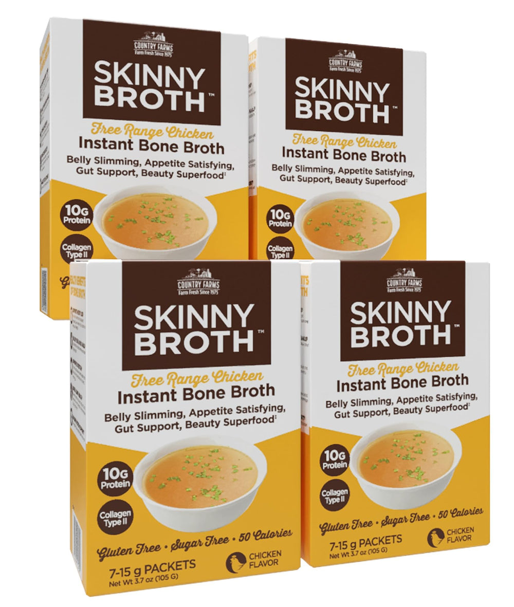 Country Farms Skinny Broth 7-Day Plan packaging highlights a convenient, protein-packed broth
