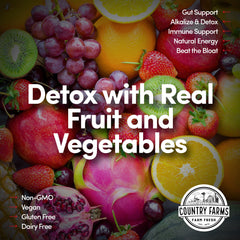 Country Farms Super Cleanse badge-closeup highlights non-GMO and gluten-free.