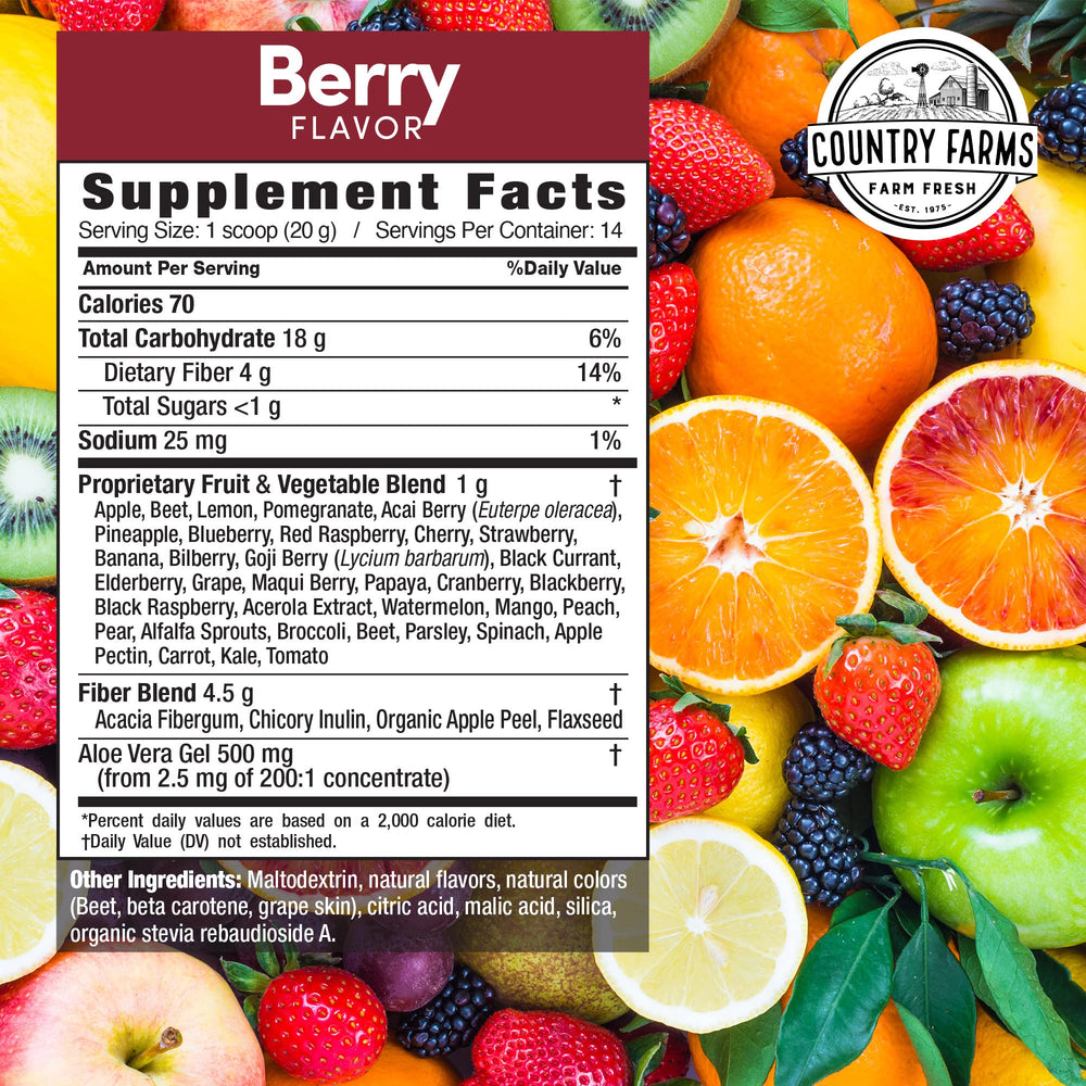 Country Farms Super Cleanse glass with dissolved powder suggests quick preparation.