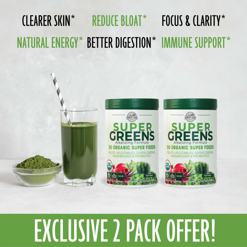 Country Farms Super Greens glass with shake shows convenient nutrition