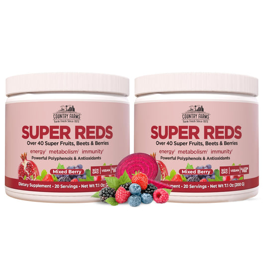 Country Farms Super Reds bottle front showing branding and berry flavor for daily antioxidant support
